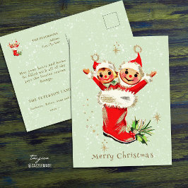 Postal Navidades retro de cosecha corta Elves Sage Green
