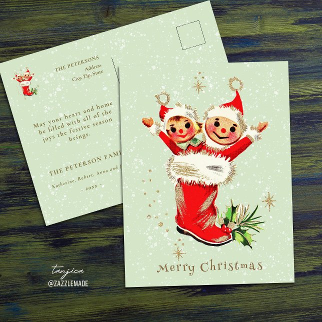 Postal Navidades retro de cosecha corta Elves Sage Green (Subido por el creador)