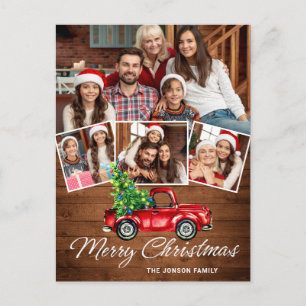 Postal Navidades Retro Rojo Camión Rústico 4 Fotos Saludo