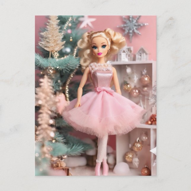 Postal Navidades Retro Rosa de la Muñeca rubia (Anverso)