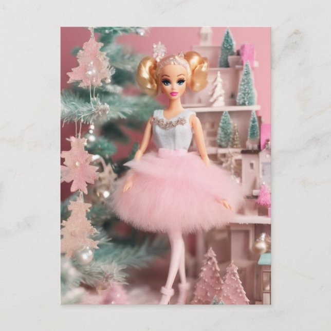 Postal Navidades Retro Rosa de la Muñeca rubia (Anverso)