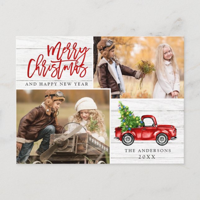 Postal Navidades Retro Rústico Camión Rojo Saludo FOTOGRÁ (Anverso)