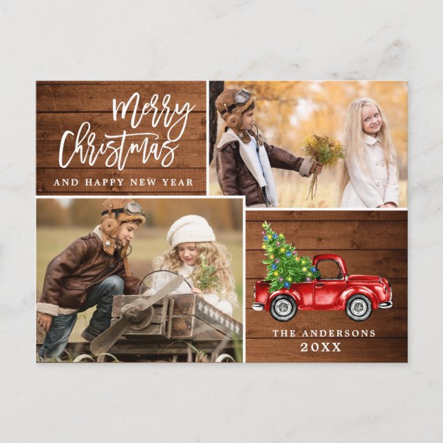 Postal Navidades Retro Rústico Camión Rojo Saludo FOTOGRÁ (Anverso)