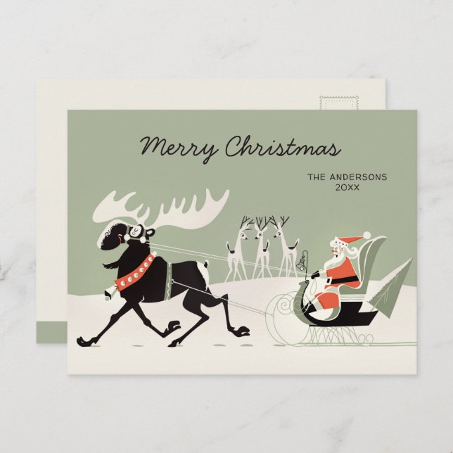 Postal Navidades Retro Santa y Moose sleigh CC1248 (Anverso / Reverso)