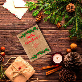 Postal Navidades retro tipografía roja burlap Postcard