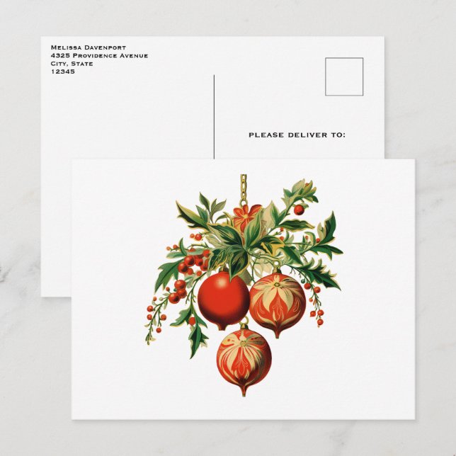 Postal Navidades rojos baubles con fiesta holly (Anverso / Reverso)