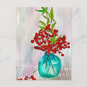 Postal Navidades rojos Berries acuarela arte fino