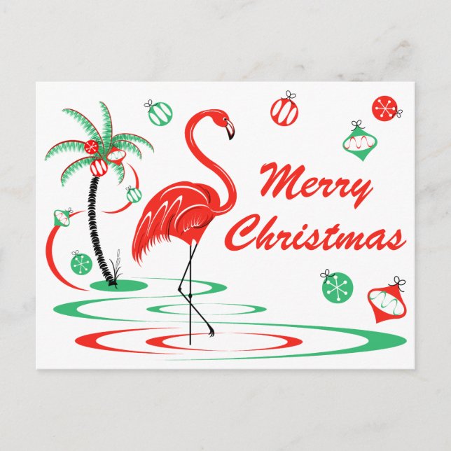 Postal Navidades rojos Flamingo Feliz paisaje navideño (Anverso)