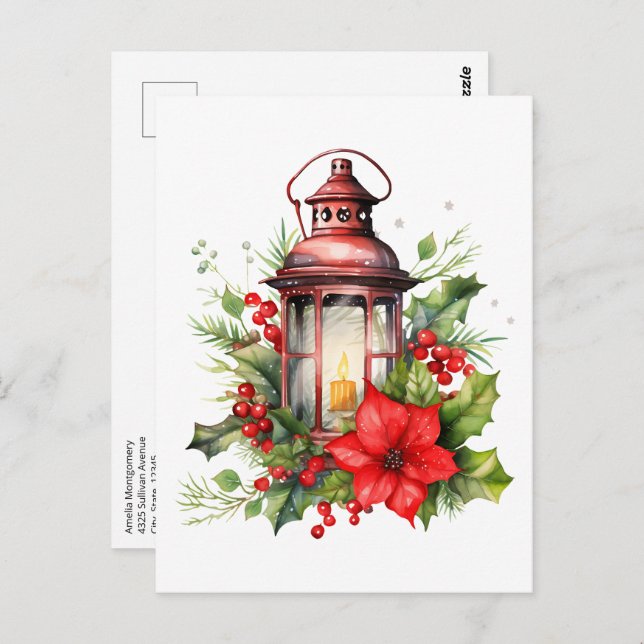 Postal Navidades rojos Lantern Poinsettia y Pine (Anverso / Reverso)