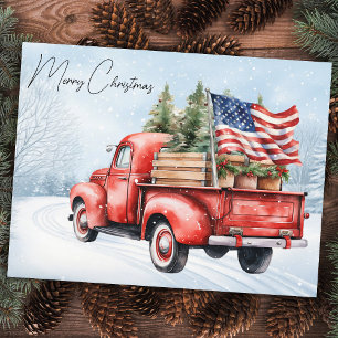 Postal Navidades rojos vintage camionero bandera estadoun