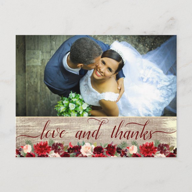 Postal Navidades Rústico Boho Borgoña Oro Gracias Foto (Anverso)