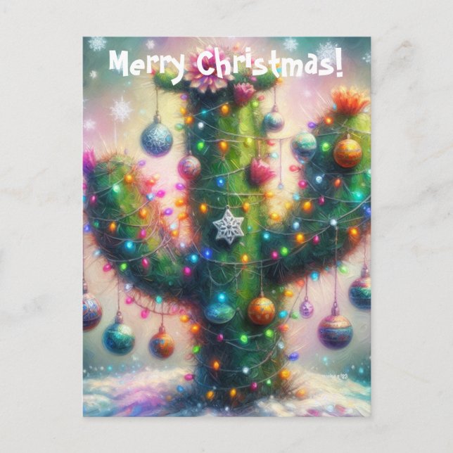 Postal Navidades Saguaro Cactus Whimsical Snowflakes (Anverso)
