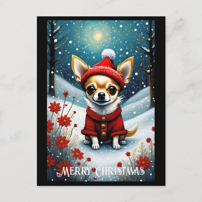 Postal Navidades Santa Floral Snowy Cute Chihuahua (Anverso)
