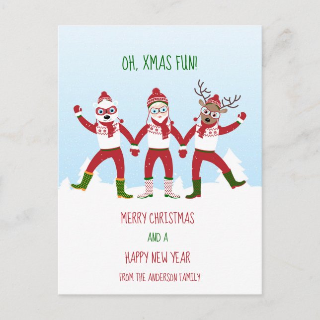 Postal Navidades Santa y amigos en la mano clásicos (Anverso)