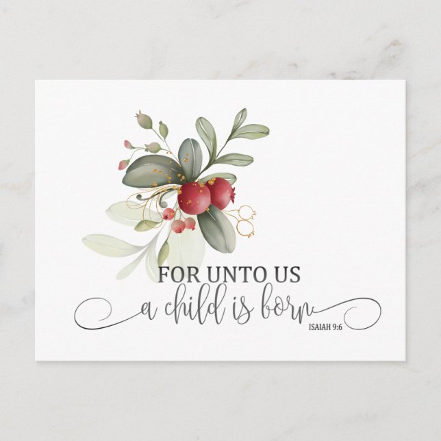 Postal Navidades simples Biblia floral Verse Isaiah 9:6 (Anverso)