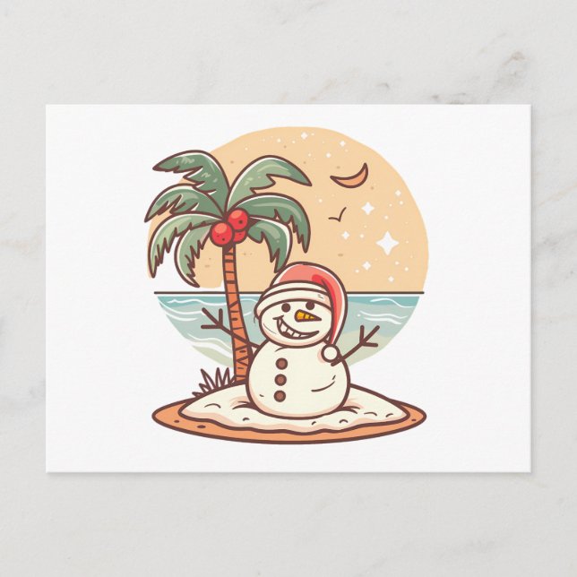 Postal Navidades - Snowman de playa tropical con palmera (Anverso)