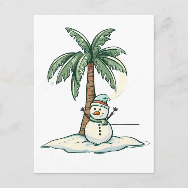 Postal Navidades - Snowman en la playa con palmeras (Anverso)