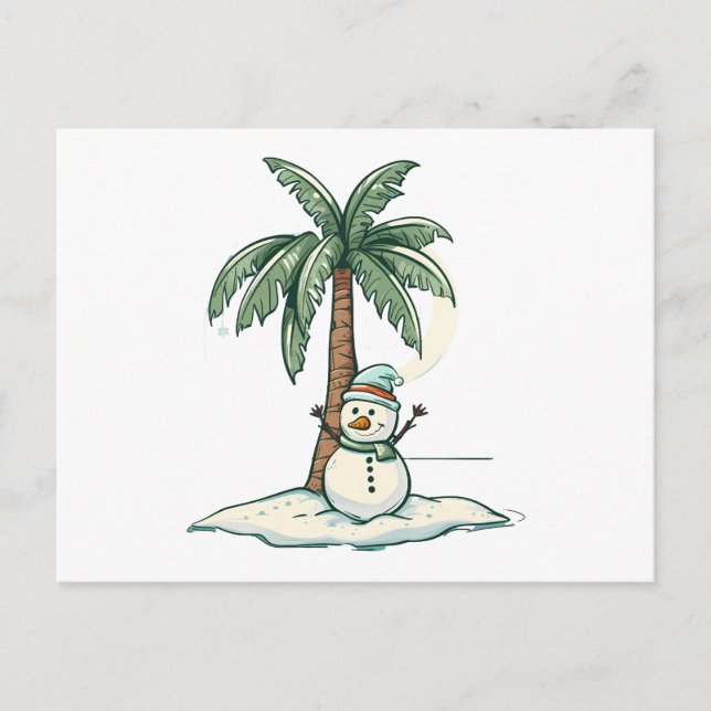 Postal Navidades - Snowman en la playa con palmeras (Anverso)