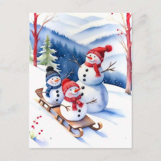 Postal Navidades Snowman en un día frío y nevado (Anverso)