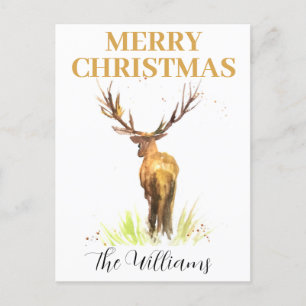 Postal Navidades Stag Deer Elegant acuarela Merry