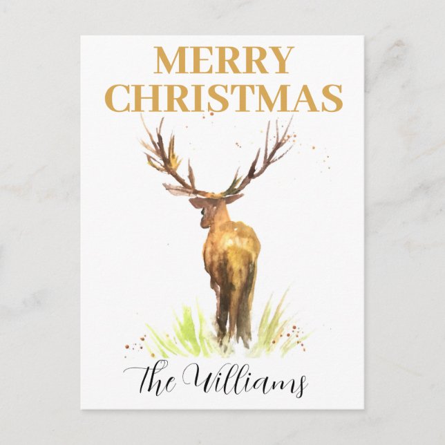 Postal Navidades Stag Deer Elegant acuarela Merry (Anverso)