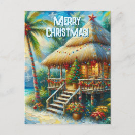 Postal Navidades Tropical Hut Palm Tree Beach Lights