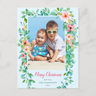 Postal Navidades tropicales azul floral 1-festividad foto