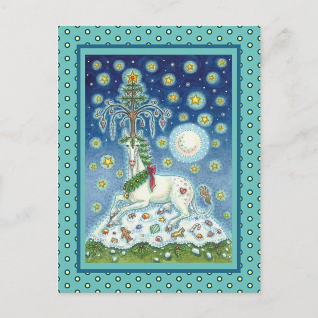 POSTAL NAVIDADES UNICORN, ÁRBOL DE CUERNO MÁGICO, CABALLO (Anverso)