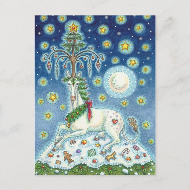POSTAL NAVIDADES UNICORN, ÁRBOL DE CUERNO MÁGICO, CABALLO (Anverso)