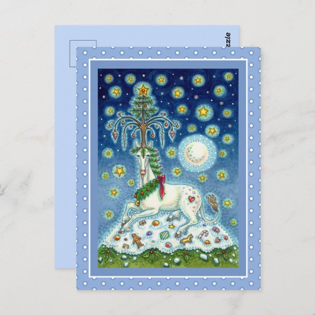 POSTAL NAVIDADES UNICORN, ÁRBOL DE CUERNO MÁGICO, CABALLO (Anverso / Reverso)