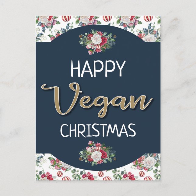 Postal Navidades veganos retro azul y dorado floral (Anverso)