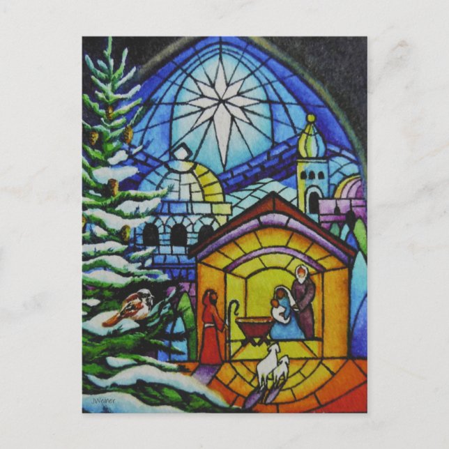 Postal Navidades Vidrio Manchado Watercolor Art (Anverso)