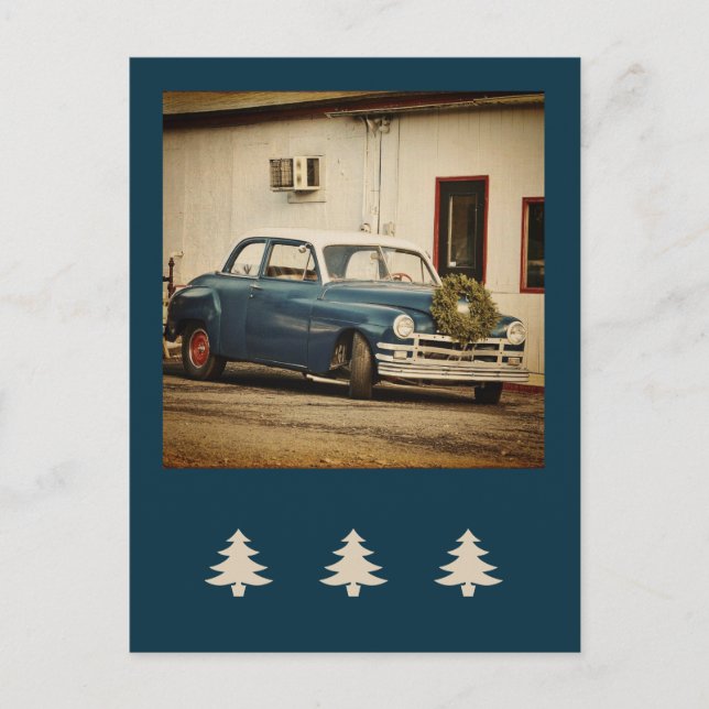 Postal Navidades Vintage de vacaciones en coche clásico (Anverso)