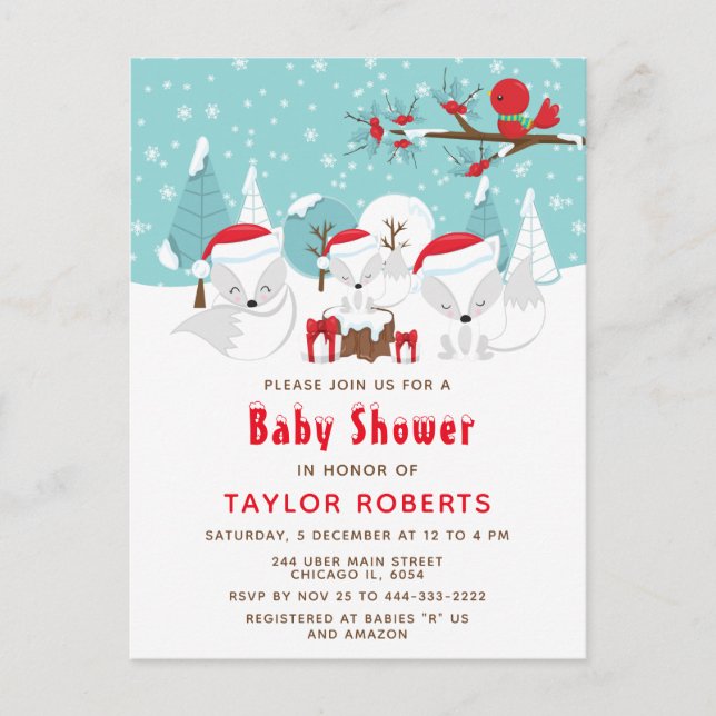 Postal Navidades Woodland Arctic Fox Baby Shower (Anverso)
