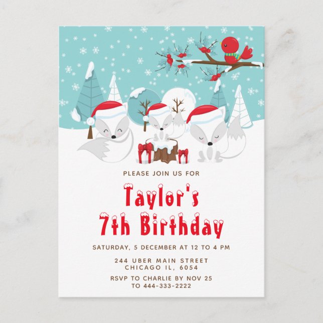 Postal Navidades Woodland Arctic Fox Birthday Party (Anverso)