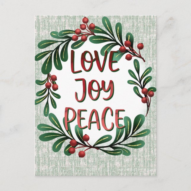 Postal Navidades Wreath Love, Joy Peace Holiday Postcard (Anverso)