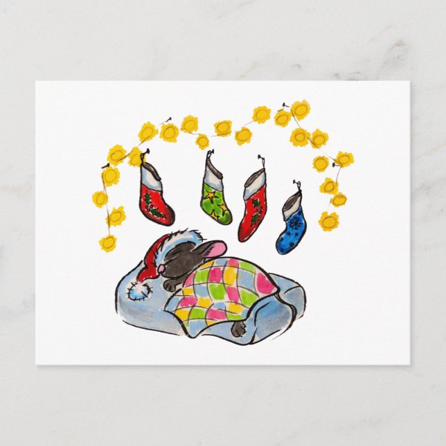 Postal Navidades y ratón de Año Nuevo con medias (Anverso)