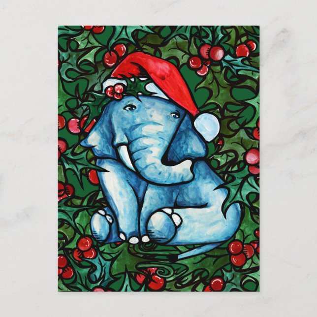 Postal Navidades Yule Elephant con Holly (Anverso)