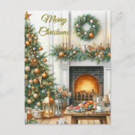 Postal navideña de árbol de Navidad y chimenea