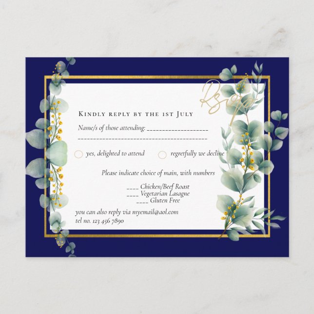 Postal NAVY AZUL GOLD Greenery Eucalyptus Wedding RSVP (Anverso)