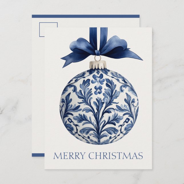 Postal Navy Blue and White Chinoiserie Christmas Ornament (Anverso / Reverso)