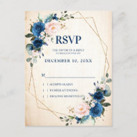 Navy Blue Blush Rustic Country Geometric RSVP