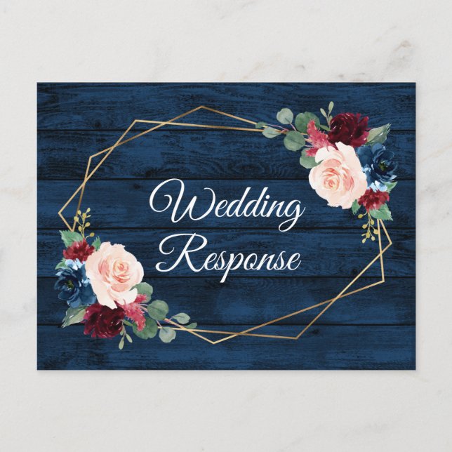 Postal Navy Blue Burgundy Gold Boda País Rubor RSVP (Anverso)