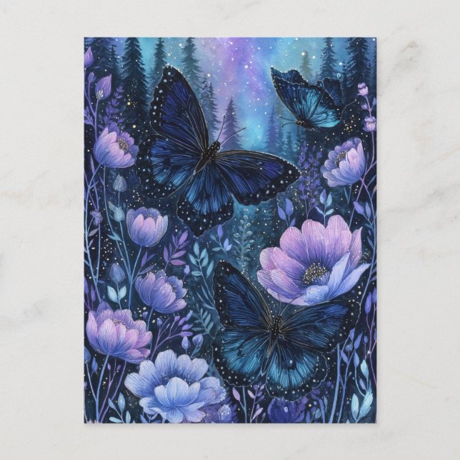 Postal Navy Blue Butterfly in Pine Forest Night Sky (Anverso)