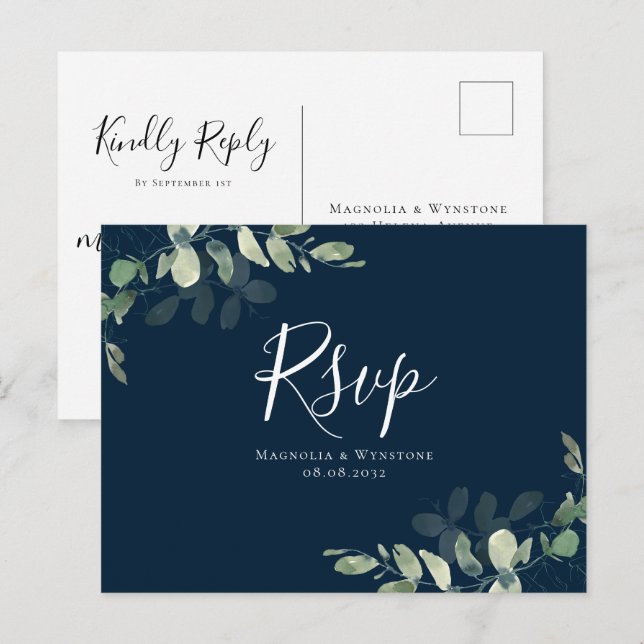 Postal Navy Blue Eucalyptus Wedding RSVP (Anverso / Reverso)