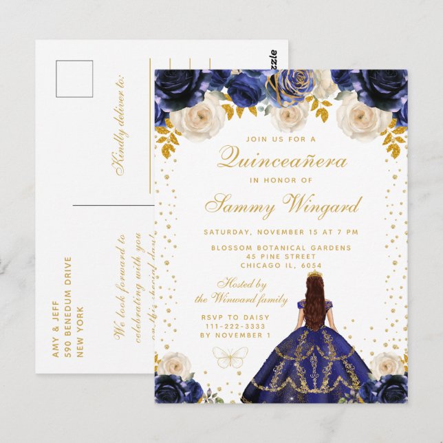 Postal Navy Blue Floral Princess Quinceañera (Anverso / Reverso)