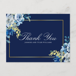 Postal Navy Blue Gold Floral Elegant Script Gracias