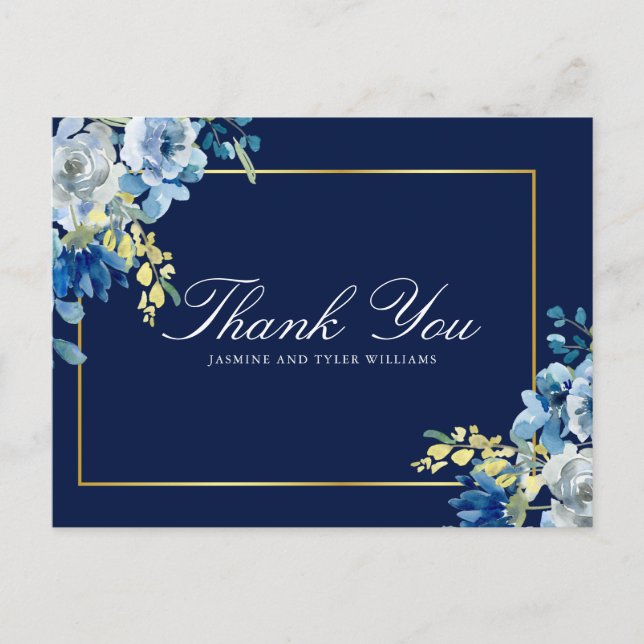 Postal Navy Blue Gold Floral Elegant Script Gracias (Anverso)