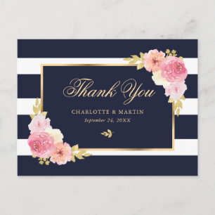 Postal Navy Blue Gold Rubor Pink Floral Gracias