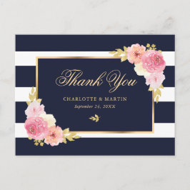 Postal Navy Blue Gold Rubor Pink Floral Gracias